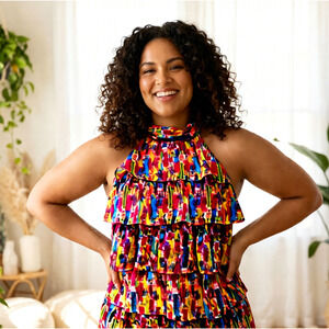 Spense ruffled multicolored high neck top blouse with bow in back M